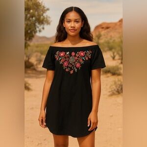 Black On or Off Shoulder Embroidered Tunic Top Dress Umgee EUC L #1584